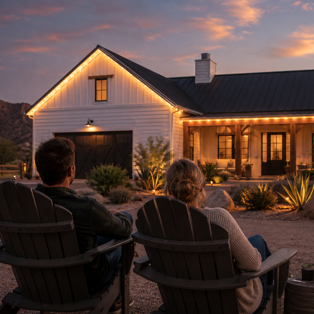 Family relaxing outside enjoying permanent Christmas lights