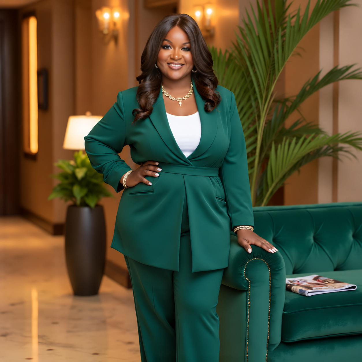 Lanisha Thadison in an emerald suit