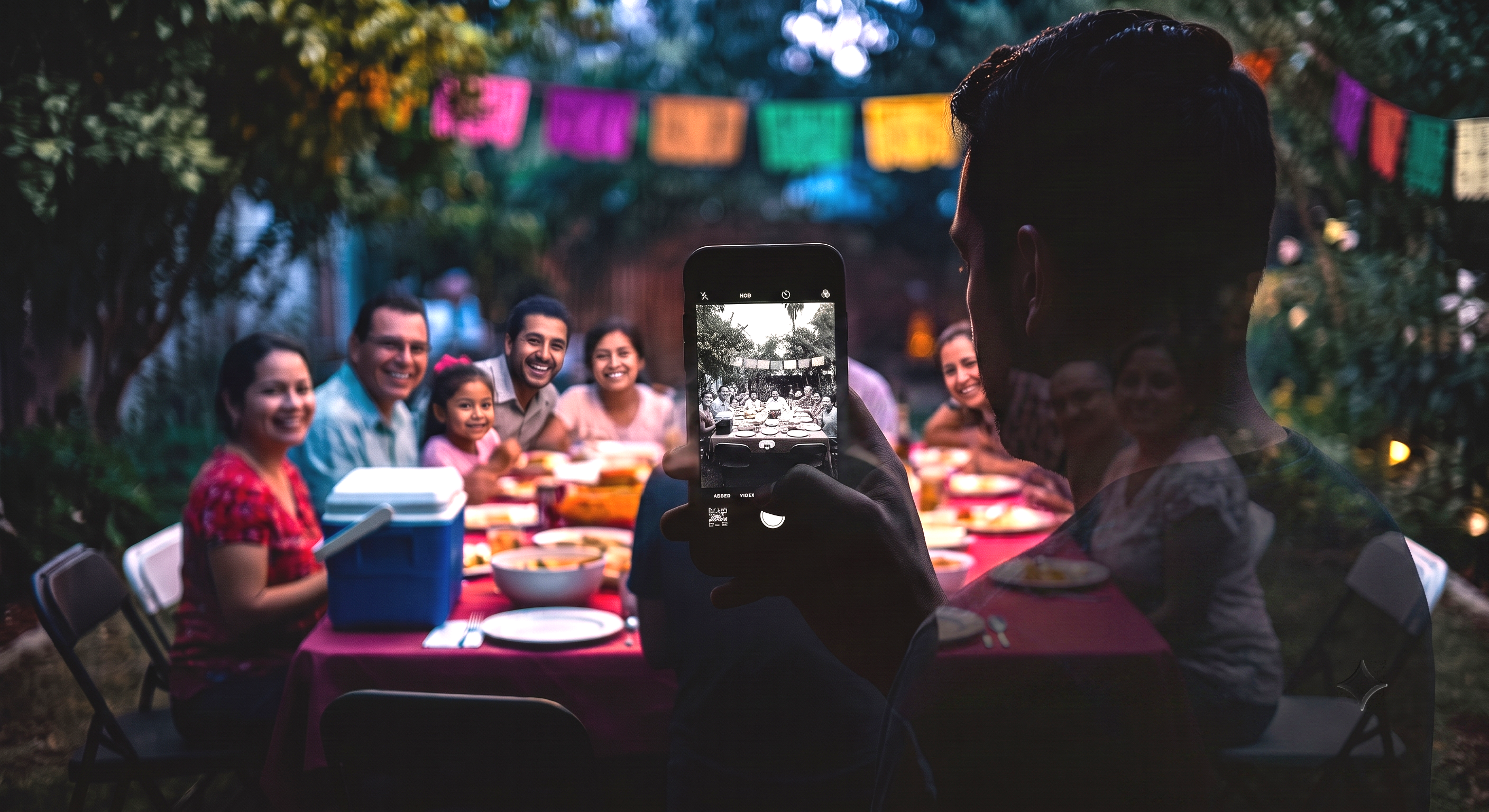 Un hombre de espaldas fotografía con su teléfono a su familia reunida en una cena de patio