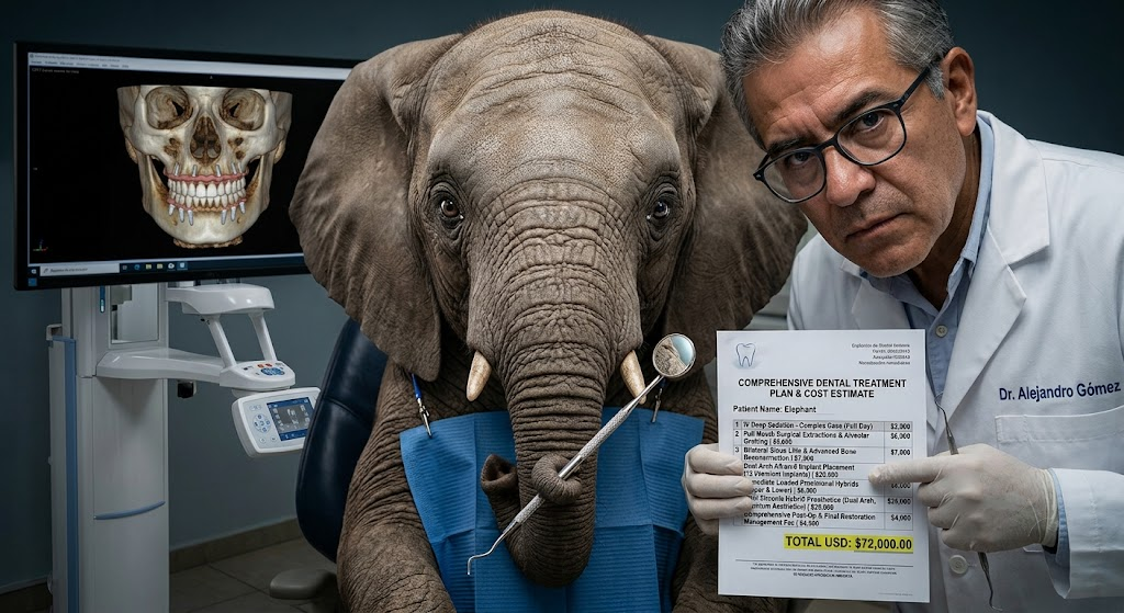 Ilustración humorística: el elefante de la habitación sentado en el sillón dental, con una cotización de $72,000