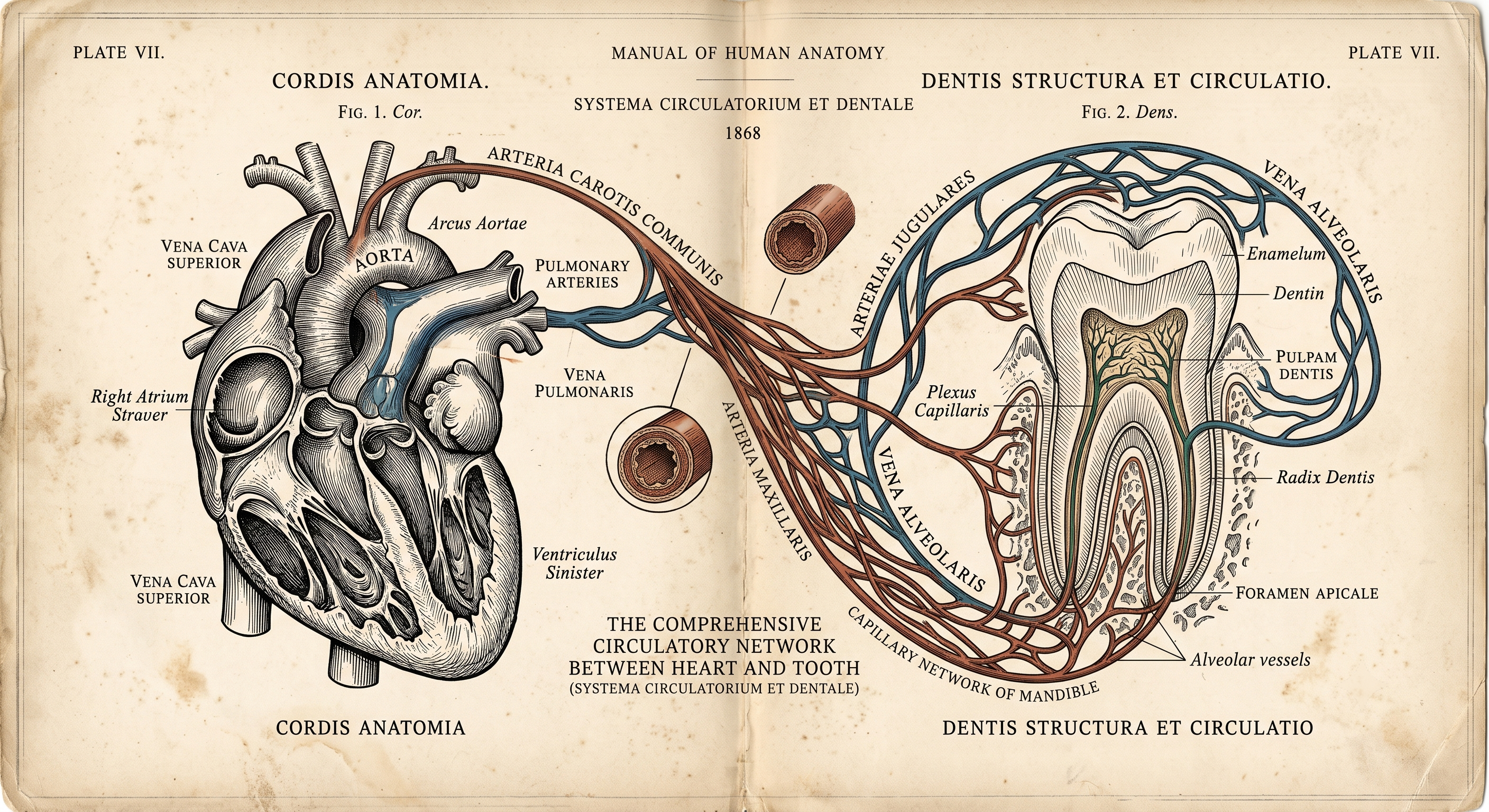 Lámina anatómica antigua que muestra la conexión circulatoria entre el corazón y un diente