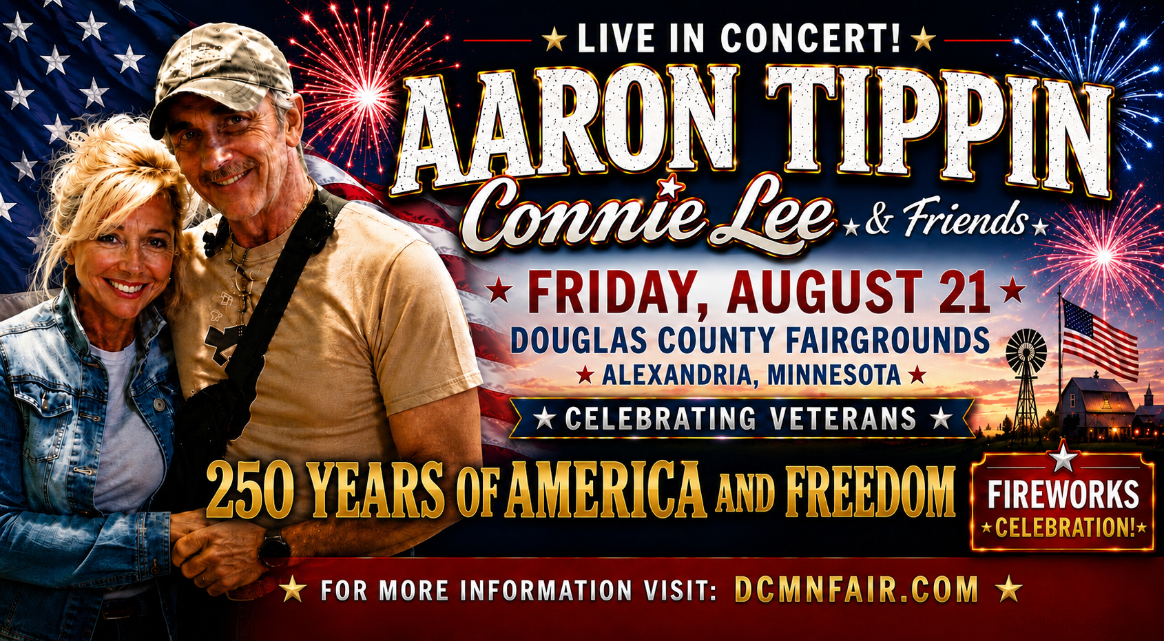 Live in Concert: Aaron Tippin, Connie Lee & Friends — Friday, August 21, Douglas County Fairgrounds, Alexandria, Minnesota — Celebrating Veterans, 250 Years of America and Freedom