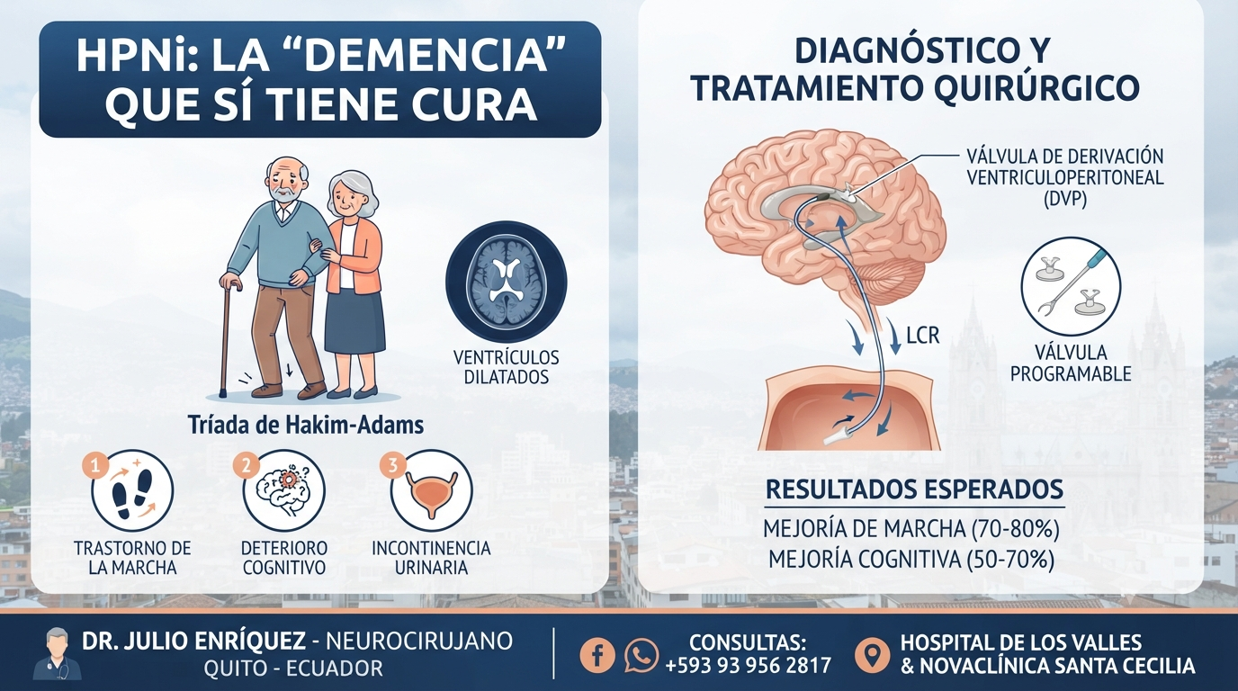 Infografía médica sobre la Hidrocefalia de Presión Normal Idiopática (HPNi), la tríada de síntomas de Hakim-Adams (marcha, cognitivo, incontinencia), y la derivación ventriculoperitoneal como tratamiento quirúrgico ofrecido por el Dr. Julio Enríquez, neurocirujano en Quito, Ecuador