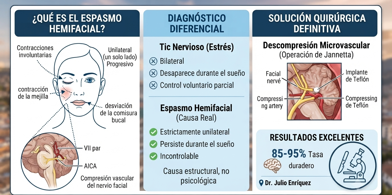 Infografía médica sobre el espasmo hemifacial, mostrando la compresión vascular del nervio facial, el diagnóstico diferencial con tics nerviosos y la solución quirúrgica de descompresión microvascular por el Dr. Julio Enríquez, neurocirujano en Quito