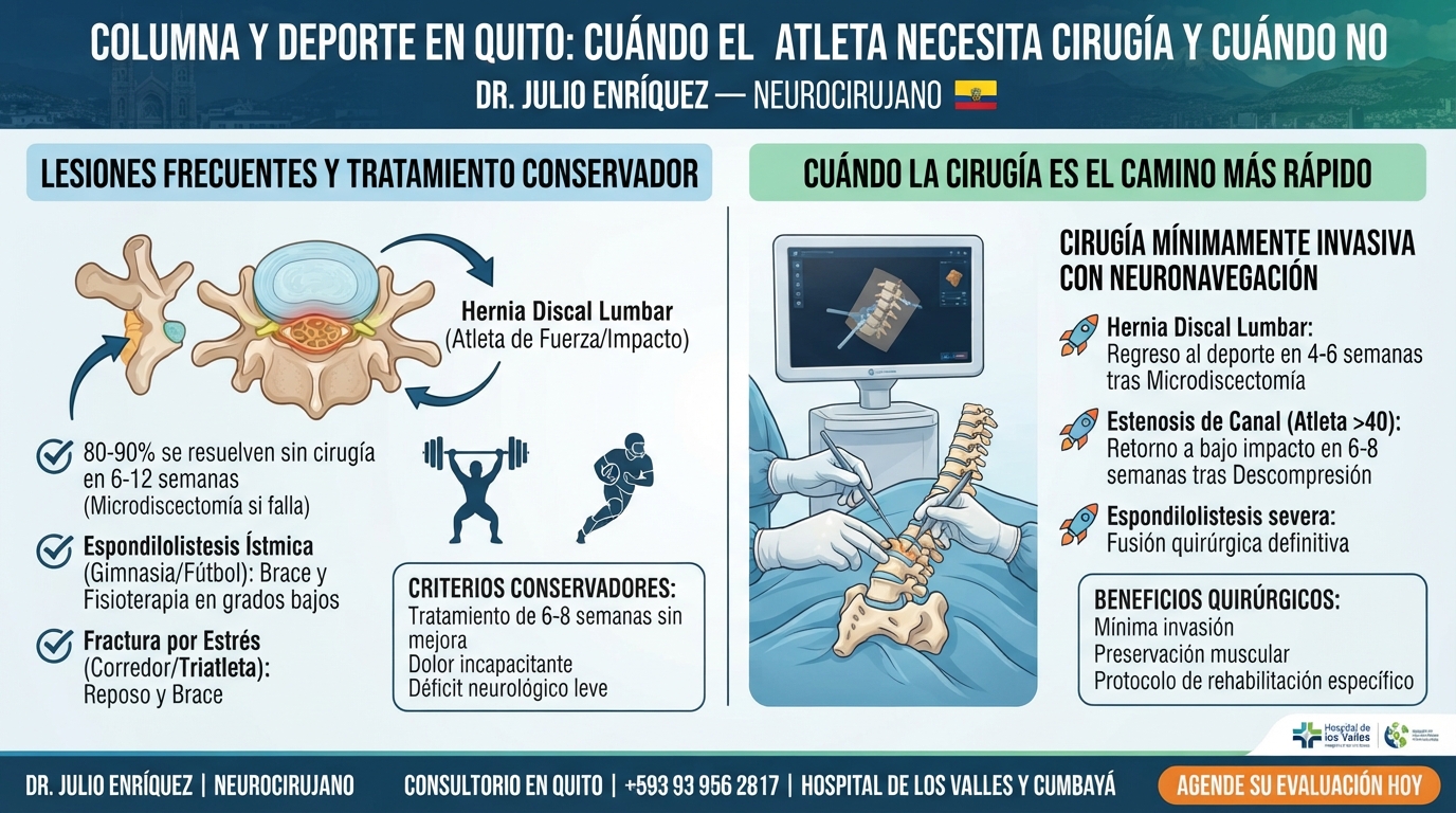 Infografía médica comparativa sobre lesiones de columna en deportistas en Quito. Muestra ilustraciones anatómicas y de tratamiento, dividida en dos secciones: "Lesiones Frecuentes y Tratamiento Conservador" (ej. hernias discales, espondilolistesis) y "Cuándo la Cirugía es el Camino Más Rápido" (ej. microdiscectomía mínimamente invasiva con neuronavegación). Incluye los datos de contacto del Dr. Julio Enríquez.