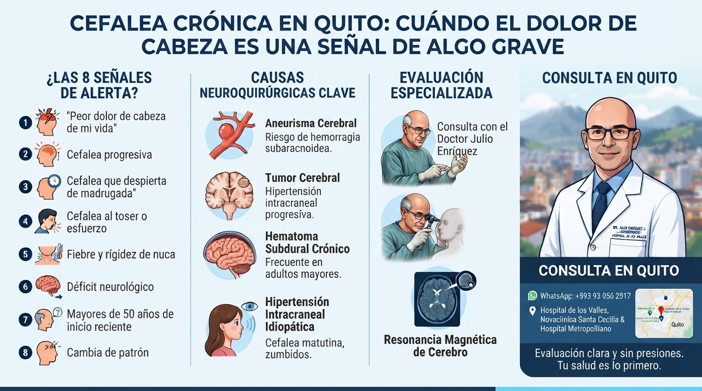 Infografía médica detallada sobre cefalea crónica en Quito, Ecuador, listando 8 señales de alerta (red flags) de causas neuroquirúrgicas graves como aneurismas y tumores, explicadas por el neurocirujano Dr. Julio Enríquez.