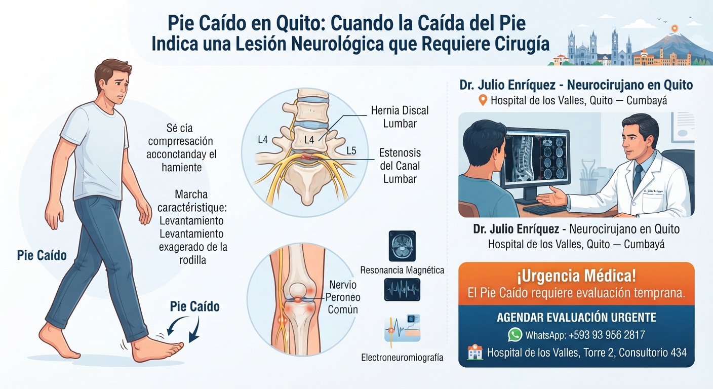 Infografía sobre pie caído y tratamiento quirúrgico en Quito por el Dr. Julio Enríquez.
