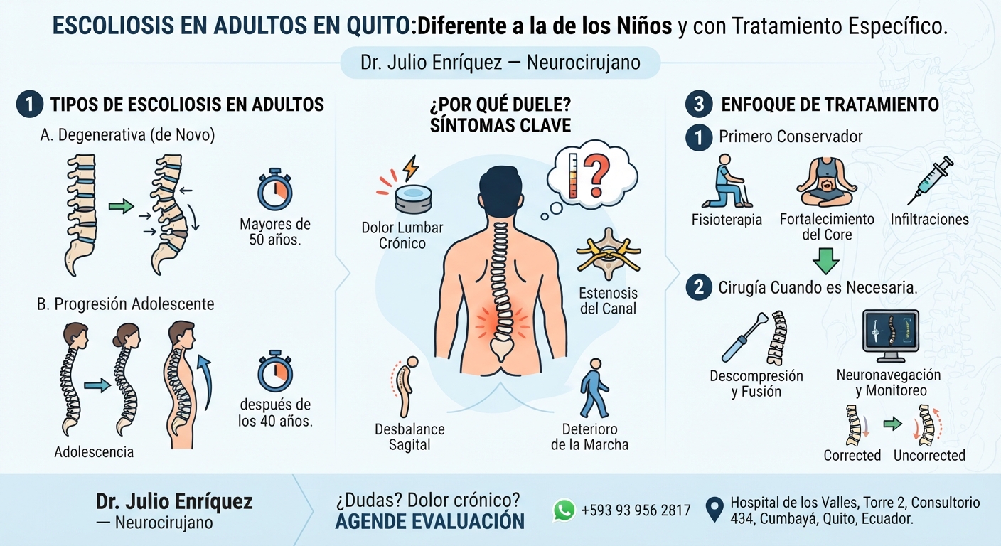 Infografía médica detallada sobre la escoliosis en adultos en Quito, diferenciándola de la infantil. Muestra tipos (degenerativa y de novo), síntomas (dolor lumbar, estenosis) y el enfoque de tratamiento conservador y quirúrgico por el neurocirujano Dr. Julio Enríquez.