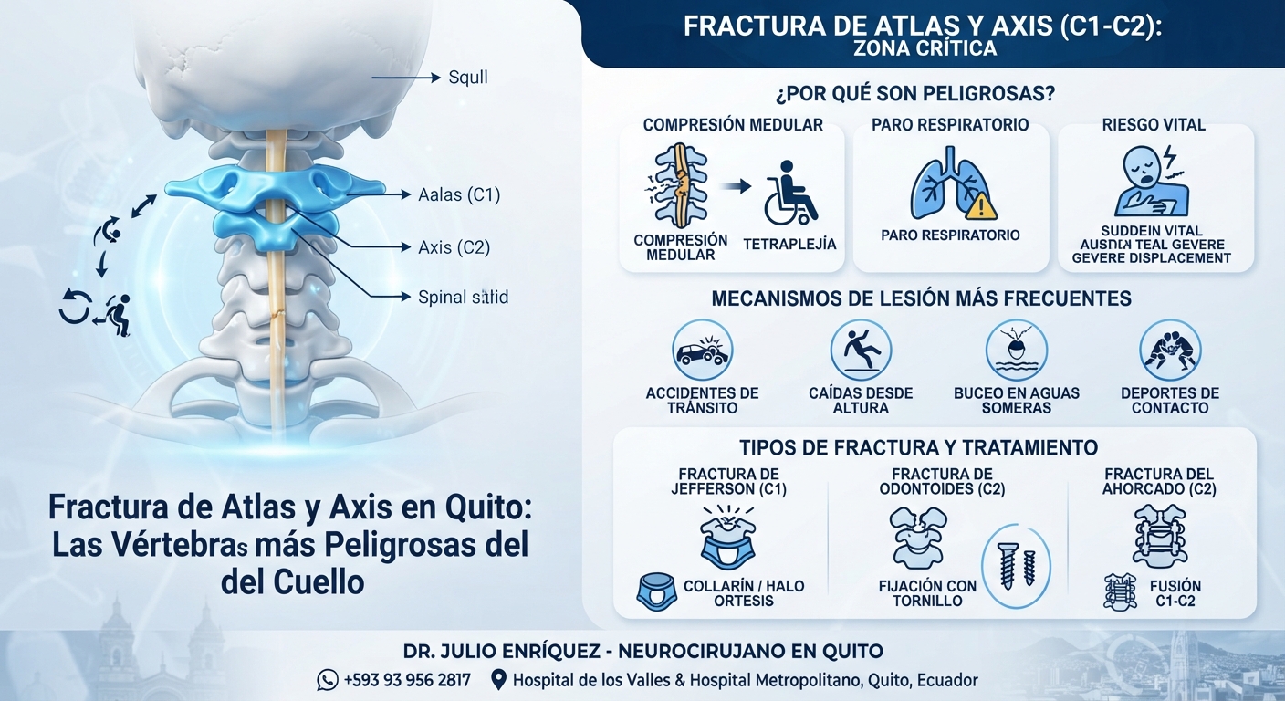 Infografía médica moderna sobre la fractura de Atlas y Axis (C1-C2), mostrando la anatomía de la columna cervical alta, riesgos, mecanismos de lesión y tratamientos quirúrgicos con el Dr. Julio Enríquez, neurocirujano en Quito.
