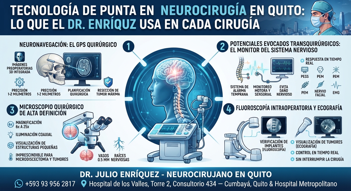 Infografía médica moderna sobre la tecnología avanzada en neurocirugía en Quito, destacando neuronavegación, potenciales evocados transquirúrgicos, microscopio de alta definición y fluoroscopía con el Dr. Julio Enríquez.