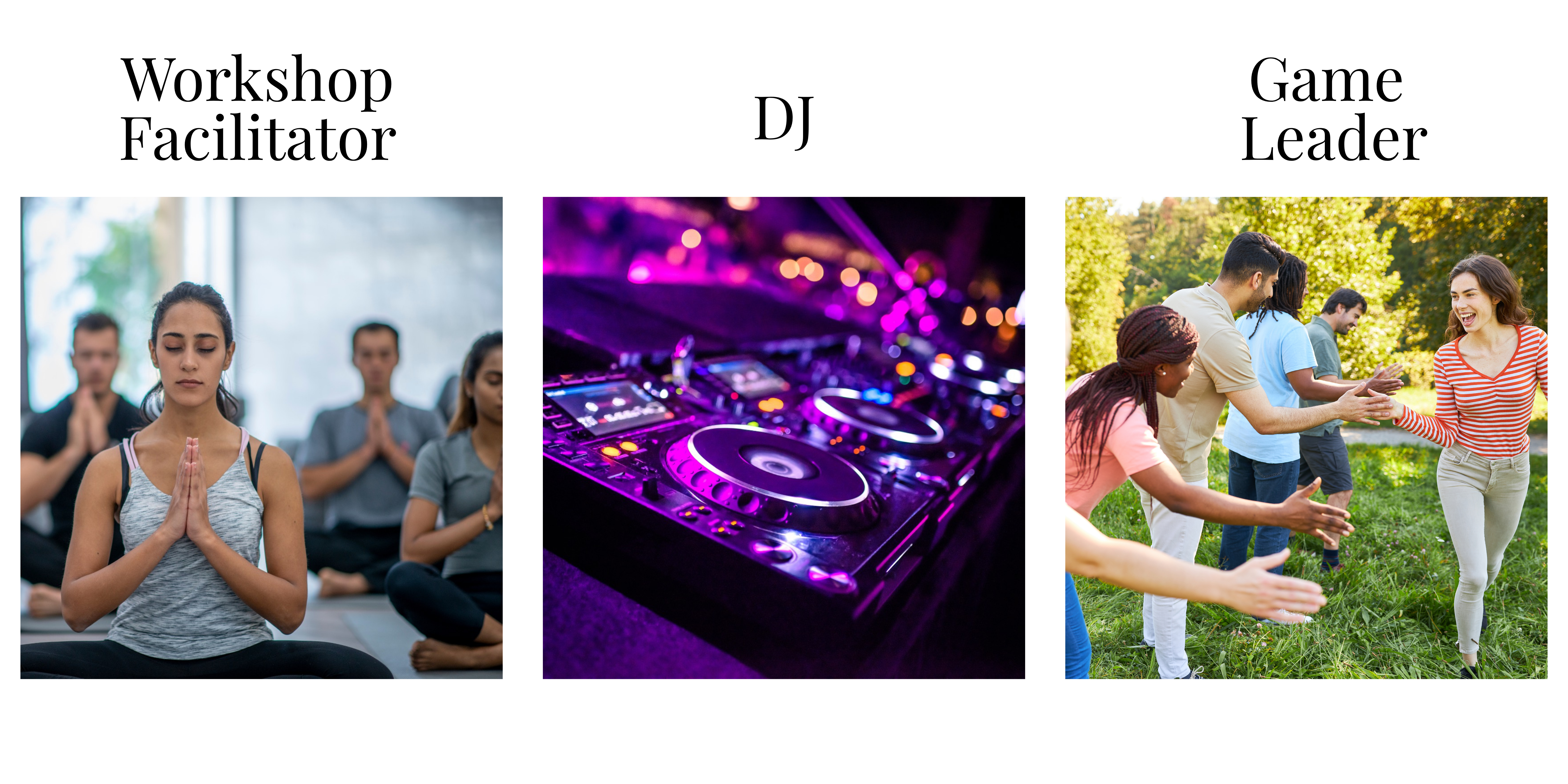 Collage showing a group meditation session, a DJ mixing music, and people playing outdoor field-day games to represent the wellness, music, and play experiences at Feel Day