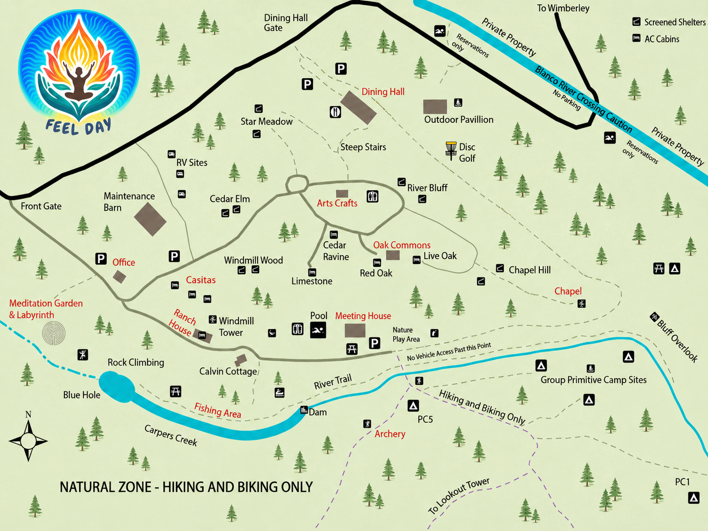 Map of the property with a legend of feel day areas