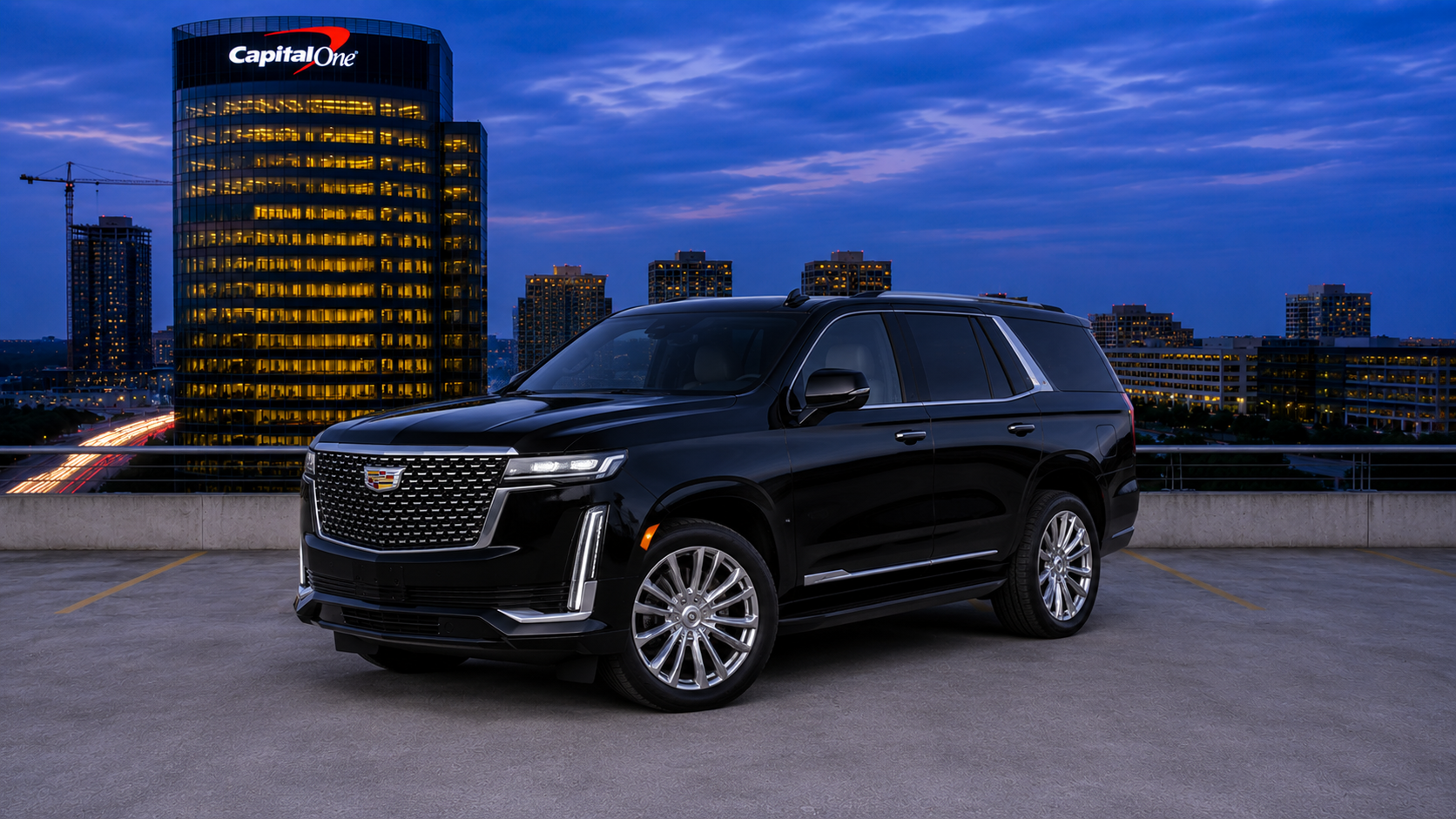 Luxury Cadillac Escalade Premium Luxury rental near Tysons Corner Virginia with premium black exterior for executive travel, airport transfers, weddings and VIP transportation