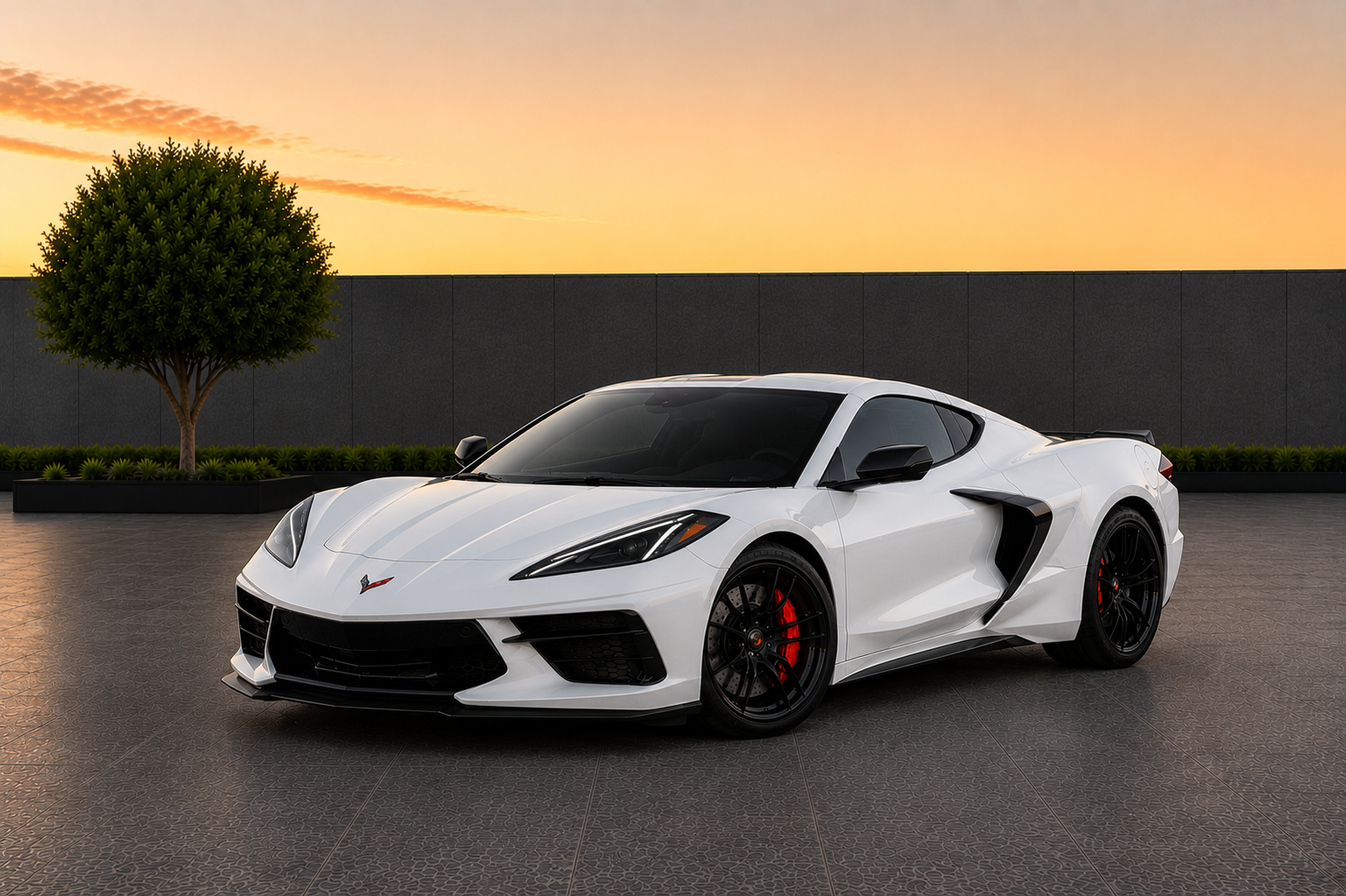 White Chevrolet Corvette C8 3LT with two-tone interior exotic car rental from Ferrgatti Exotics in Sterling Virginia, serving Washington DC, Northern Virginia, Maryland, Tysons Corner, Arlington, Fairfax, Alexandria, McLean, Reston, Ashburn, Leesburg, Loudoun County, Herndon, Vienna, Falls Church, Bethesda, Silver Spring, National Harbor, Baltimore, Dulles Airport, Reagan National Airport, BWI Airport, and the DMV region.