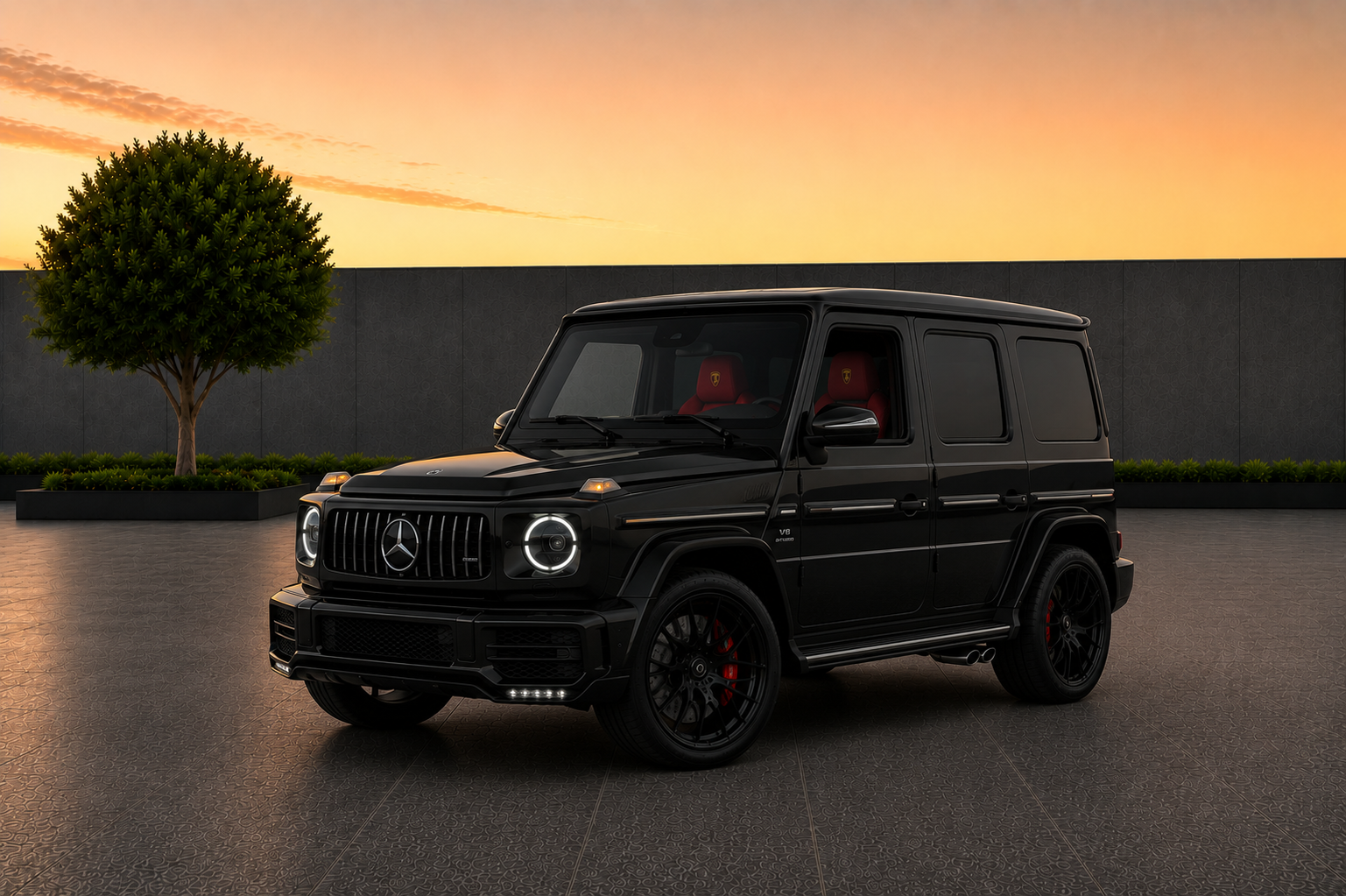 Mercedes Benz G Wagon G63 Matte Black luxury SUV rental in Sterling Virginia with red interior, 577 horsepower, and premium off road styling