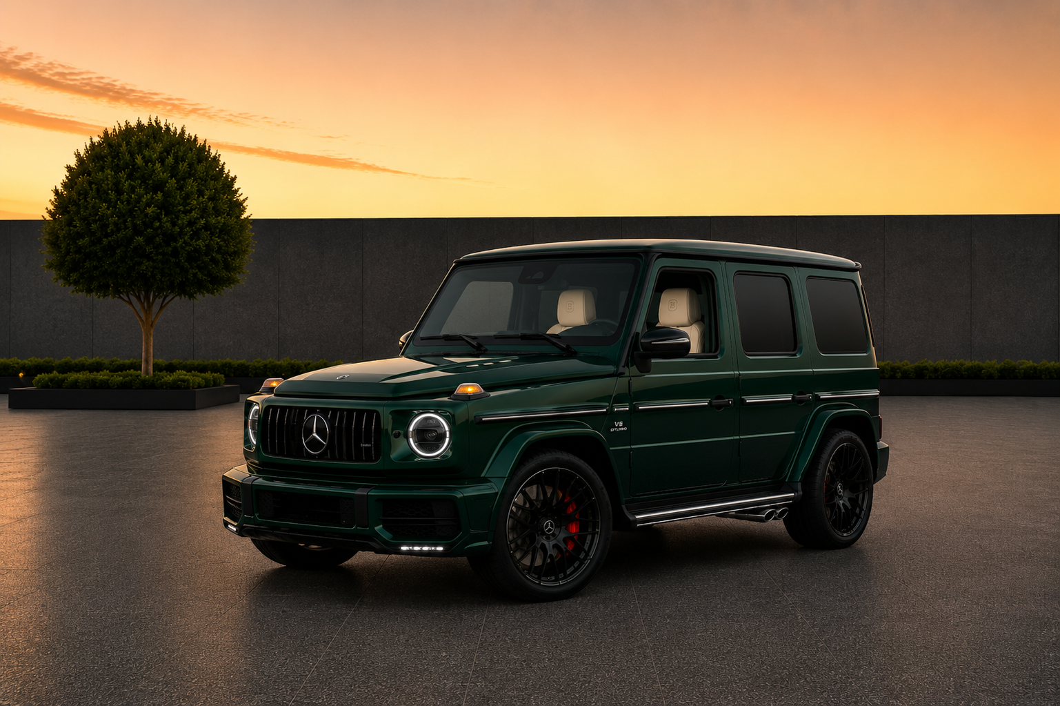 Mercedes Benz G Wagon G550 Deep Green luxury SUV rental in Sterling Virginia with premium five seat interior, 577 horsepower, and automatic transmission