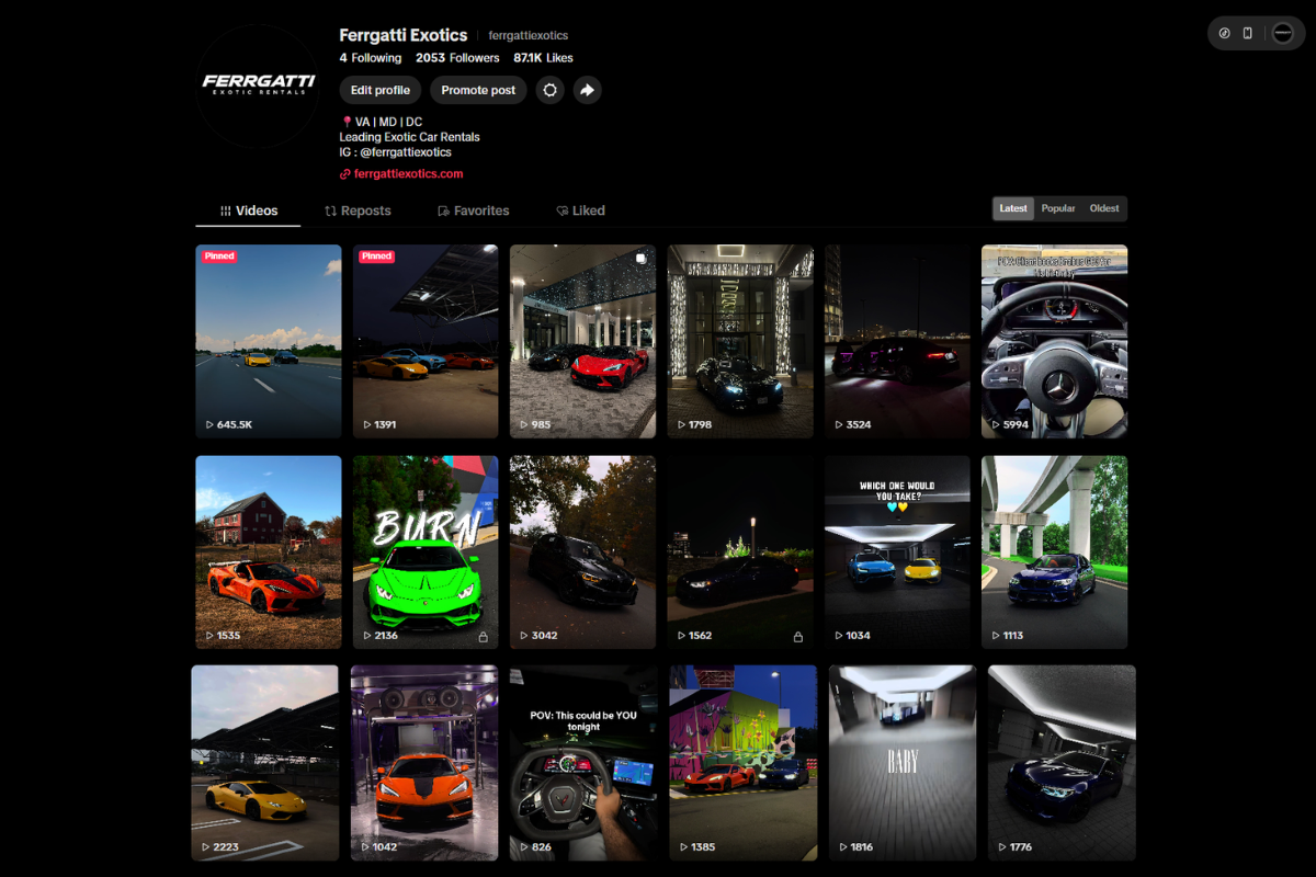 Ferrgatti Exotic Rentals TikTok videos featuring exotic car rentals in Washington DC, Virginia and Maryland including Dulles Airport, Reagan National Airport, BWI Airport and the DMV area