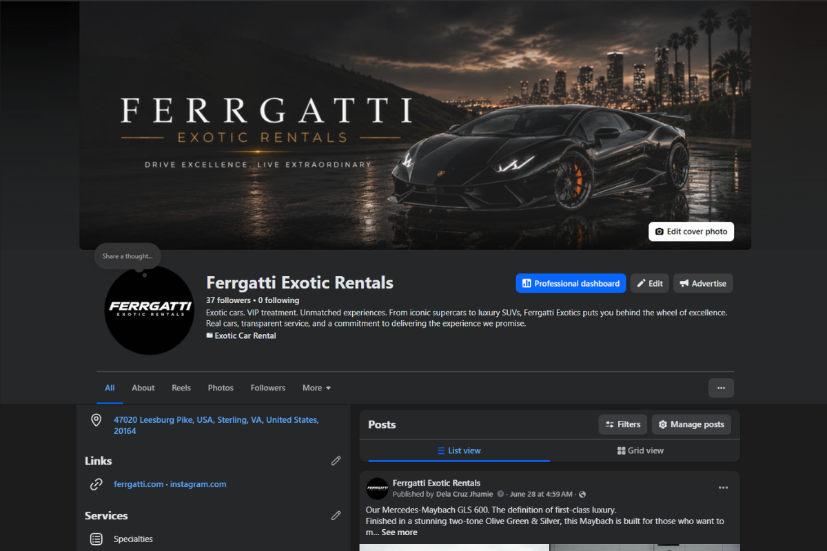 Ferrgatti Exotic Rentals Facebook page serving Washington DC, Northern Virginia, Maryland, Arlington, Alexandria, McLean, Tysons, Reston, Sterling, Ashburn, Fairfax, Bethesda, Rockville and the DMV area