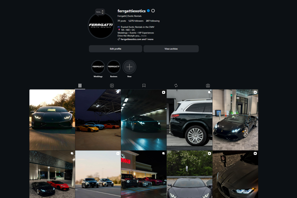 Ferrgatti Exotic Rentals Instagram showcasing Lamborghini, Ferrari, Rolls Royce, McLaren, Mercedes AMG and luxury car rentals across Washington DC, Northern Virginia, Maryland and the DMV area