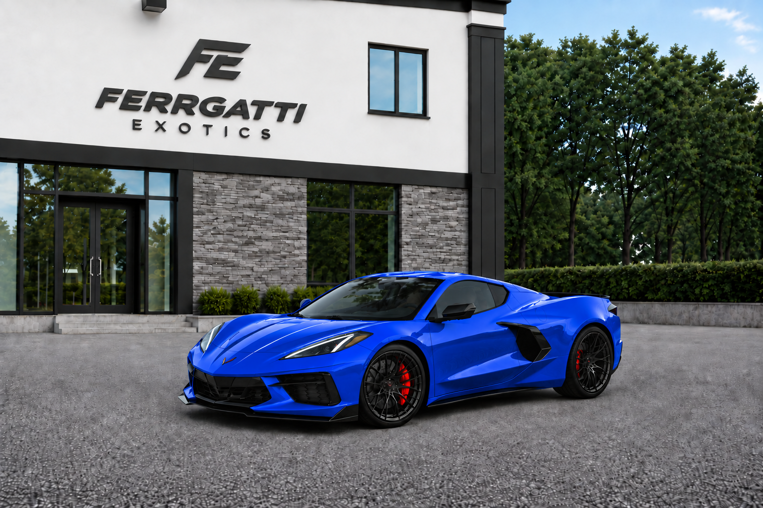 Corvette C8 3LT Blue luxury sports car rental in Sterling Virginia with high performance 495 horsepower engine and exotic styling