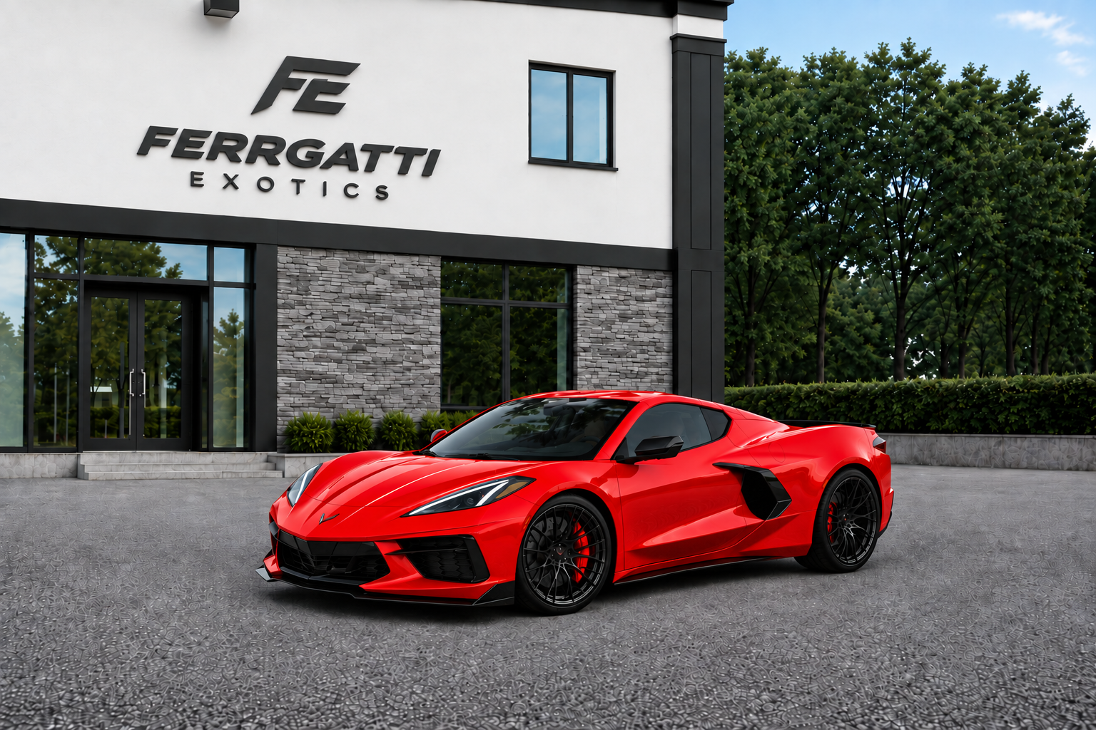 Corvette C8 3LT Red luxury sports car rental in Sterling Virginia with high performance 495 horsepower engine and exotic styling