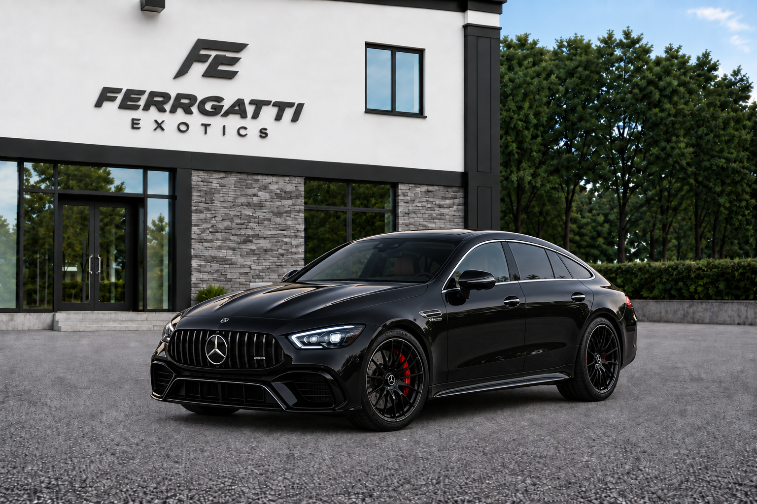 Mercedes AMG GT63s Black luxury performance sedan rental in Sterling Virginia with 503 horsepower and automatic transmission