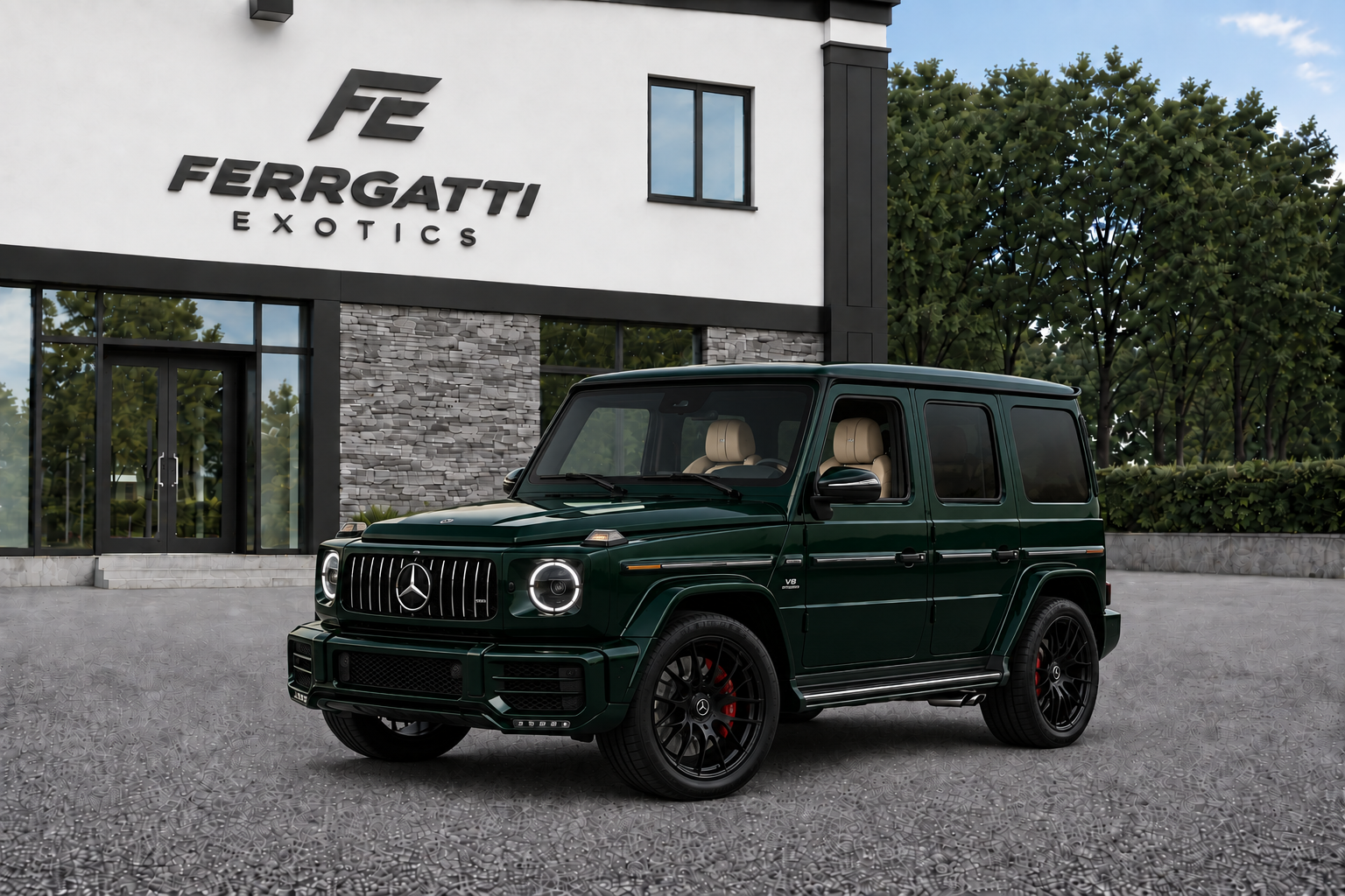 Mercedes Benz G Wagon G550 Deep Green luxury SUV rental in Sterling Virginia with premium five seat interior, 577 horsepower, and automatic transmission