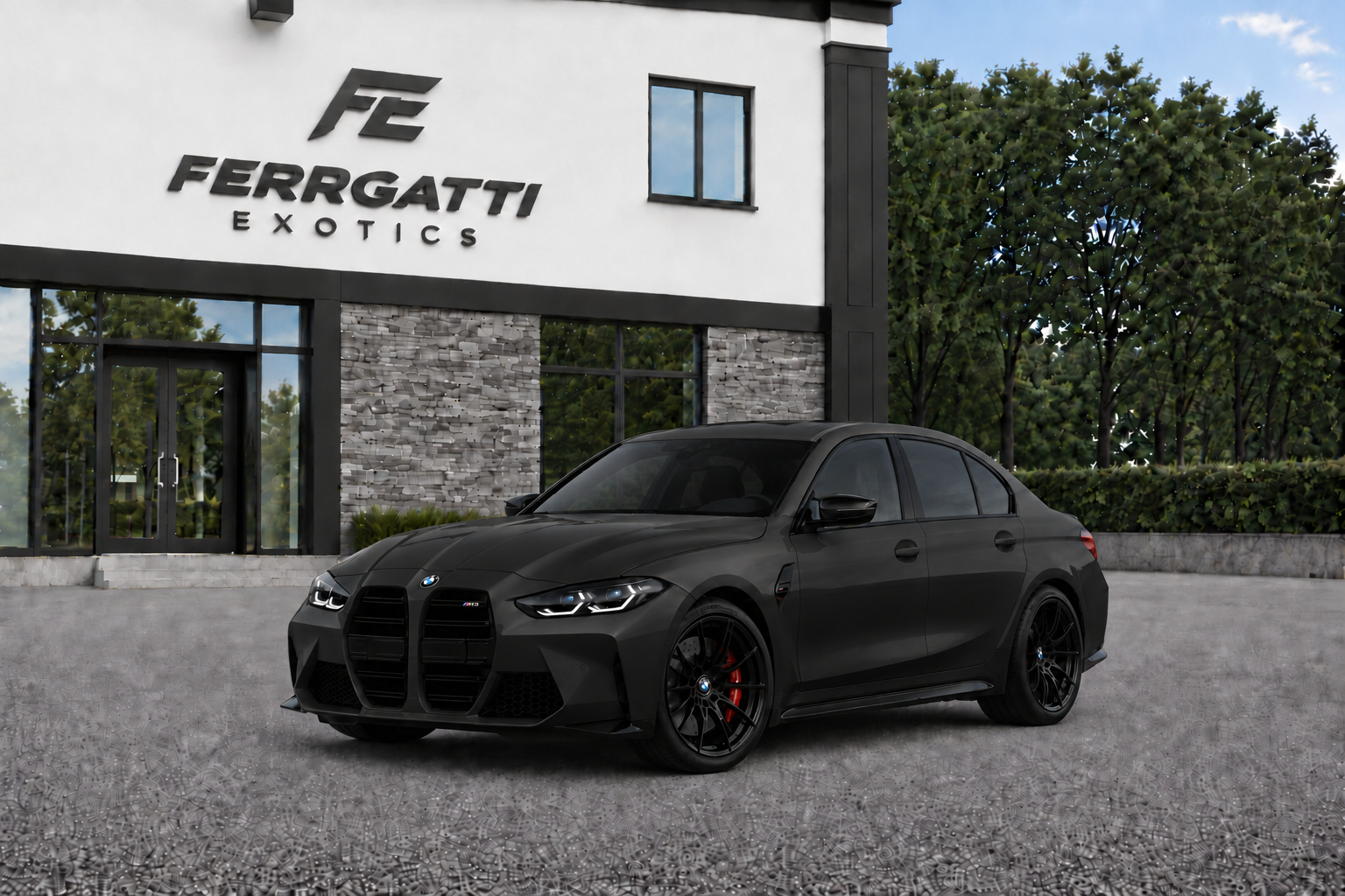 BMW M3 Competition Matte Black exotic luxury sedan rental in the DMV area, serving Washington DC, Northern Virginia, Maryland, Sterling, Tysons, Arlington, Fairfax, Alexandria, McLean, Reston, Ashburn, and Dulles Airport. with premium five seat interior, 577 horsepower, and automatic transmission