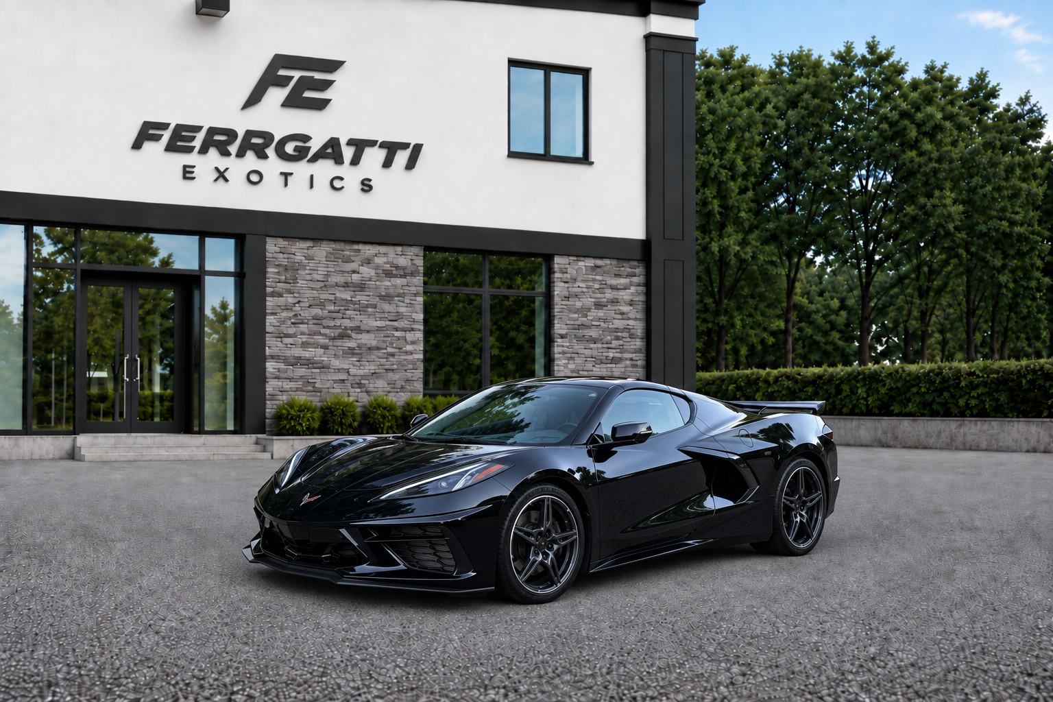 Corvette C8 3LT Black exotic sports car rental in Sterling Virginia with 495 horsepower engine and premium performance design