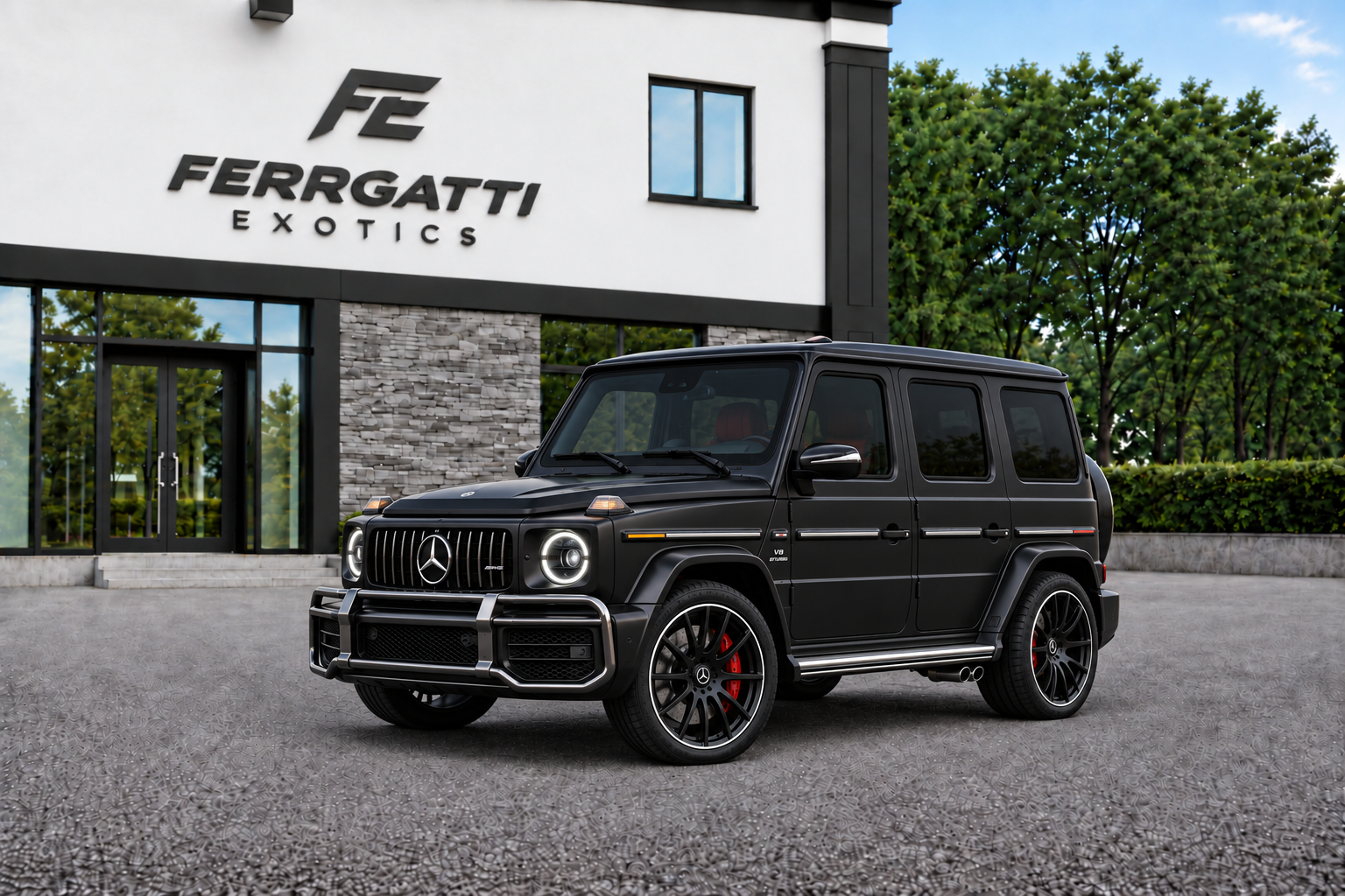 Mercedes Benz G Wagon G63 Matte Black luxury SUV rental in Sterling Virginia with red interior, 577 horsepower, and premium off road styling