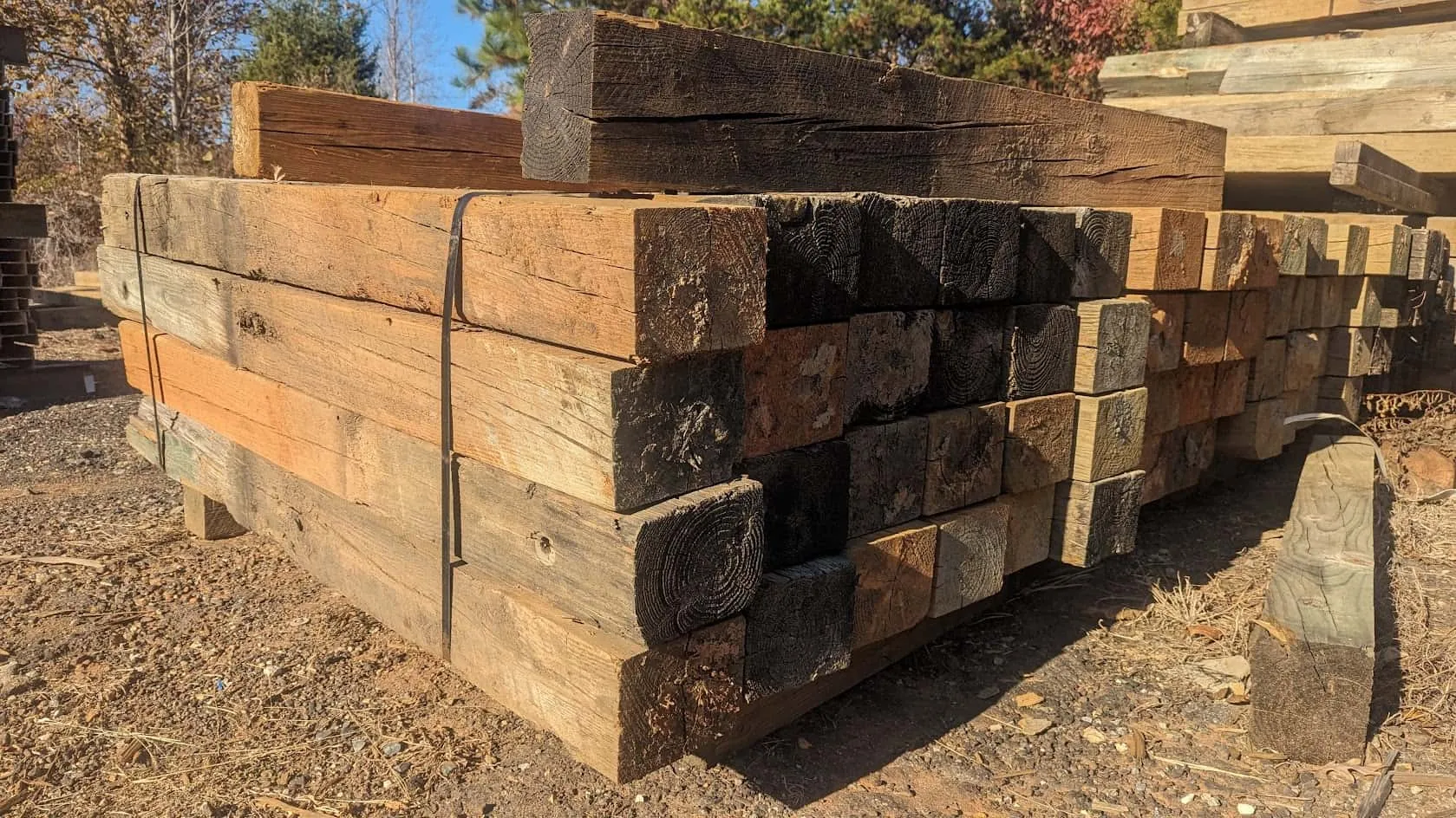 Recycled guardrail timber posts on pallets