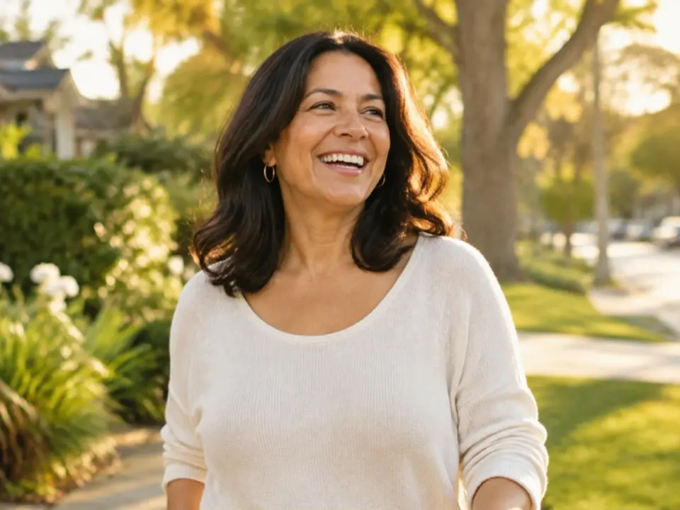 A smiling woman walking outdoors in warm afternoon light