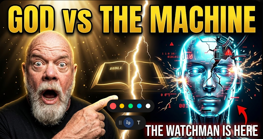 God vs The Machine - The Watchman is Here. Connor MacIvor pointing at an open Bible glowing with gold light, with a cracked AI robot head warning, lightning between them.