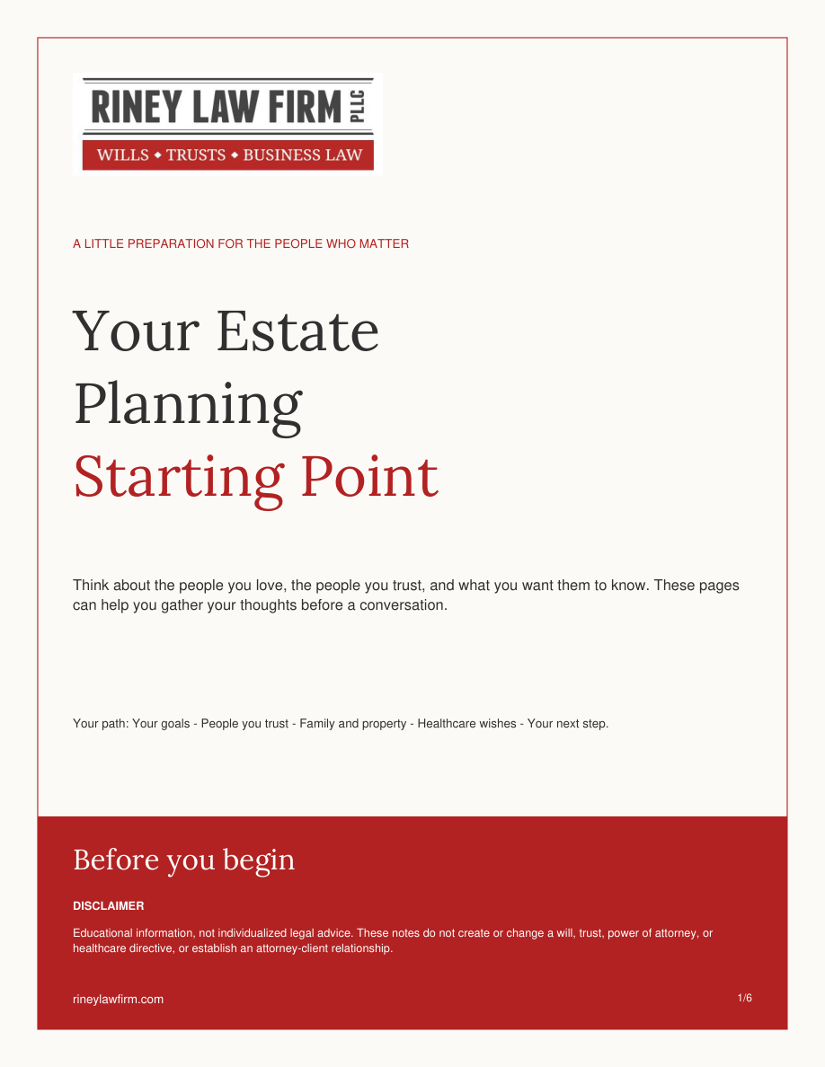 Actual cover of Your Estate Planning Starting Point, a six-page fillable workbook from Riney Law Firm