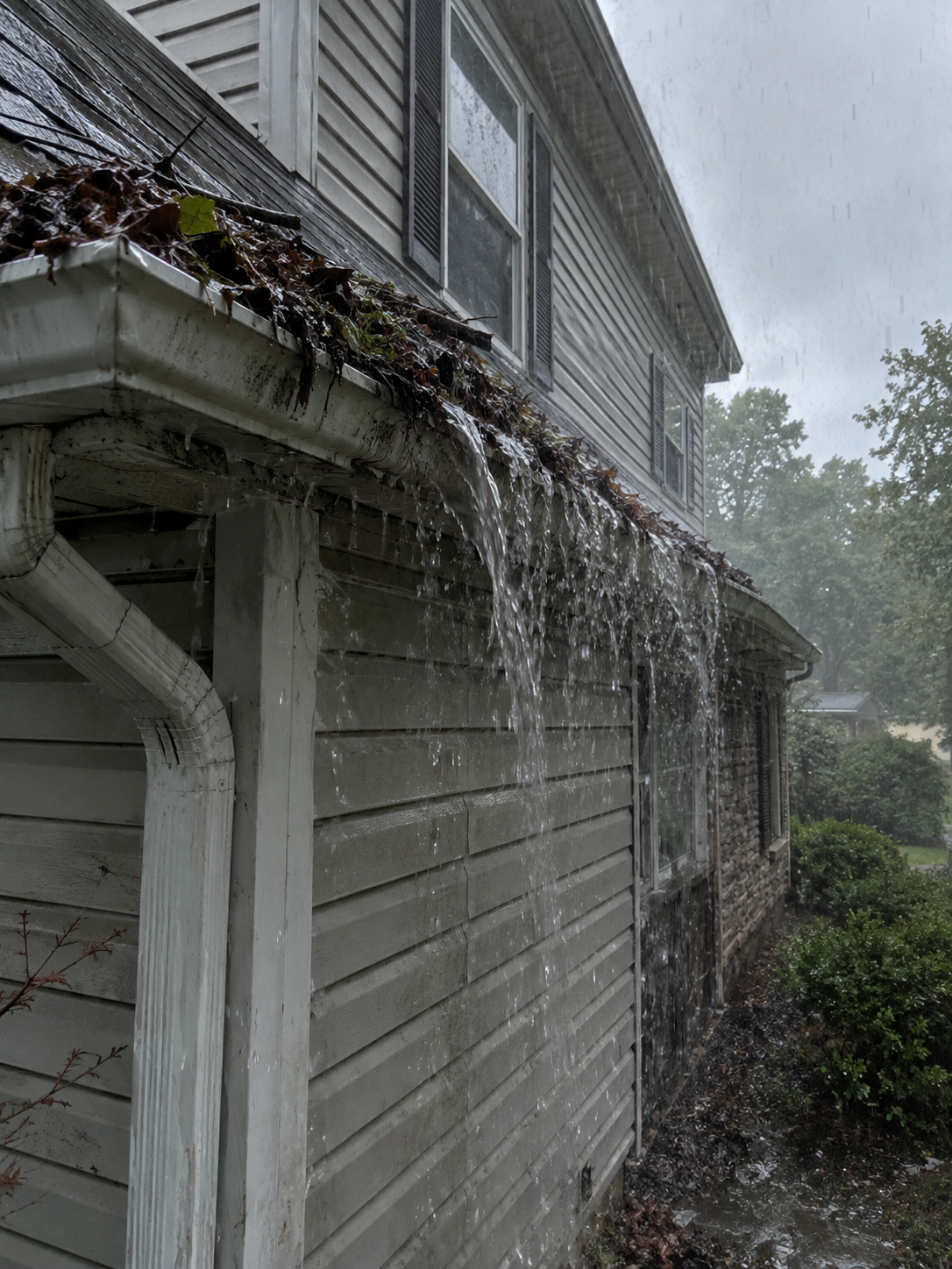 Gutter overflowing with rainwater from roof during heavy rain