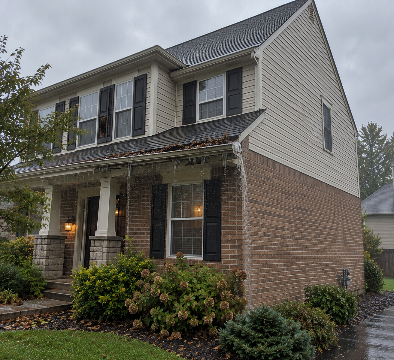 Sagging clogged gutter pulling away from roofline in the rain