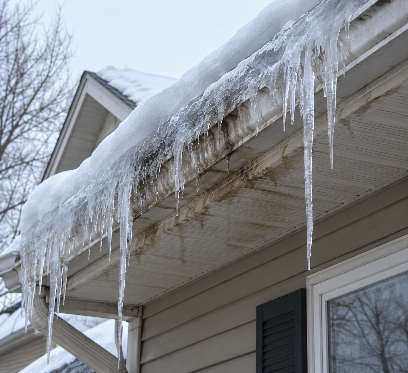 Ice dam damage on roofline