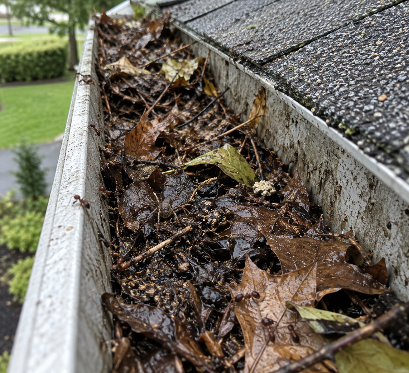 Pests in a clogged gutter