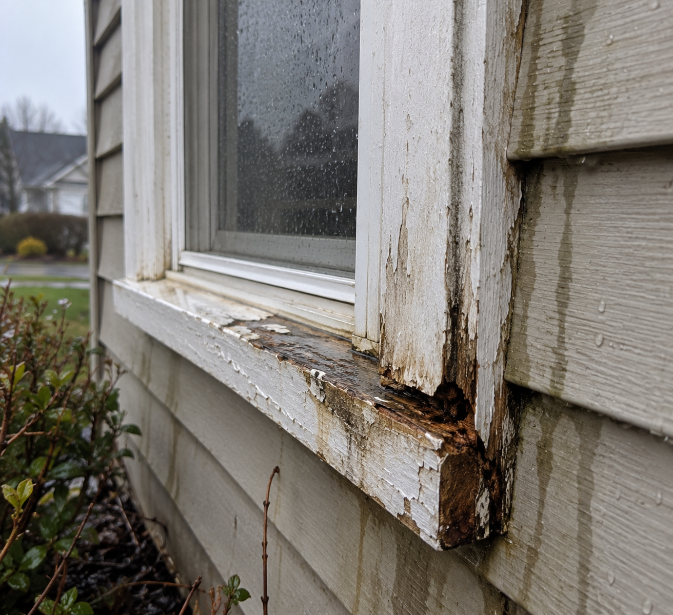 Water damage near a window frame