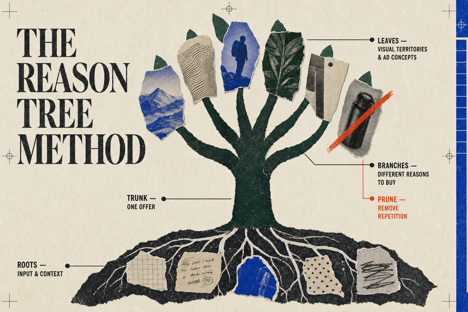 The Reason Tree Method poster: roots gather source material, one trunk holds the offer fixed, branches separate reasons to buy, leaves develop routes and concepts, and prune removes repetition.