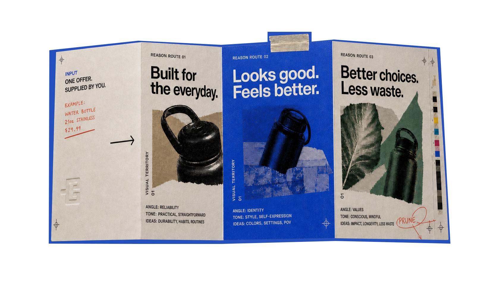 A physical accordion fold turns one sample water-bottle offer into three visibly different reason territories: reliability, identity, and values.