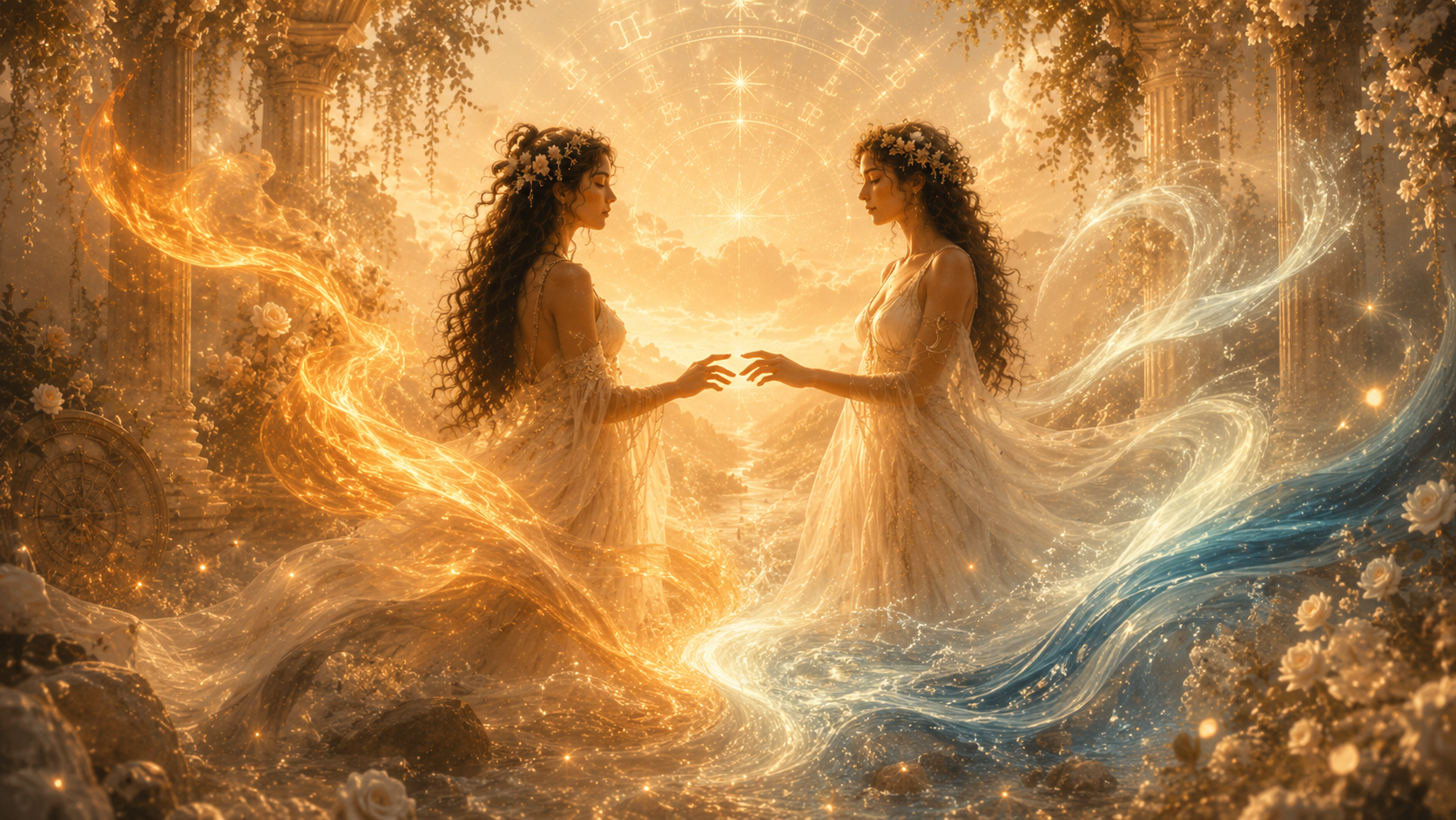 símbolos zodiacales dorados para explicar compatibilidad amorosa por elementos y modalidades