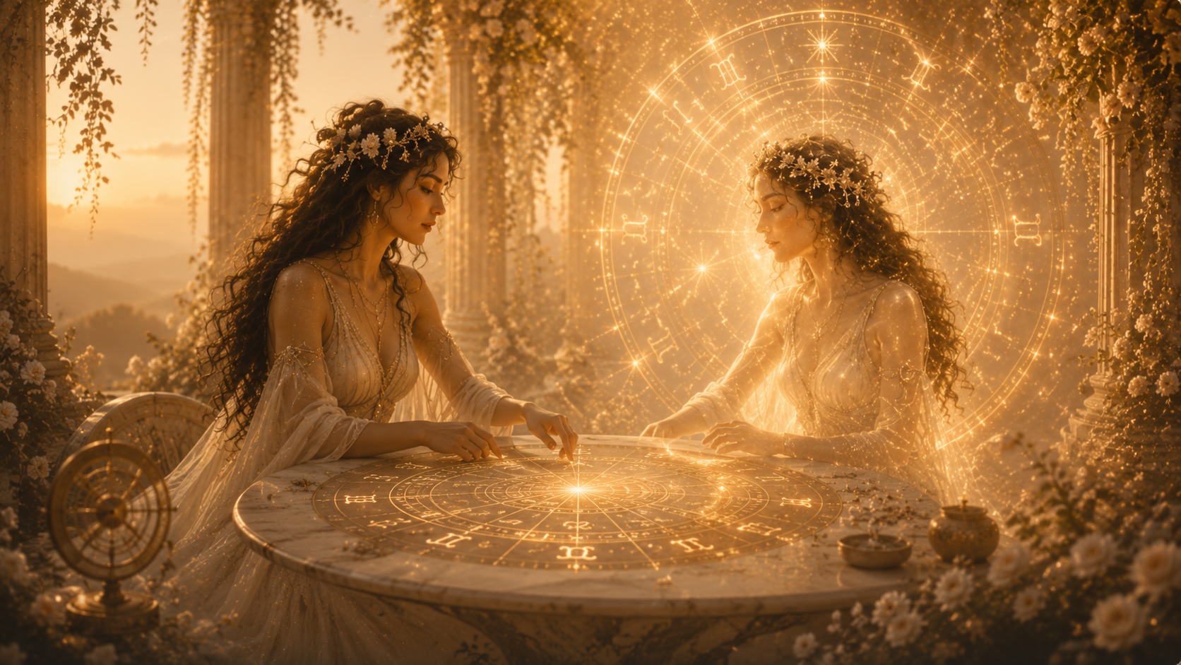 sinastría de pareja con dos cartas astrológicas y símbolos celestiales