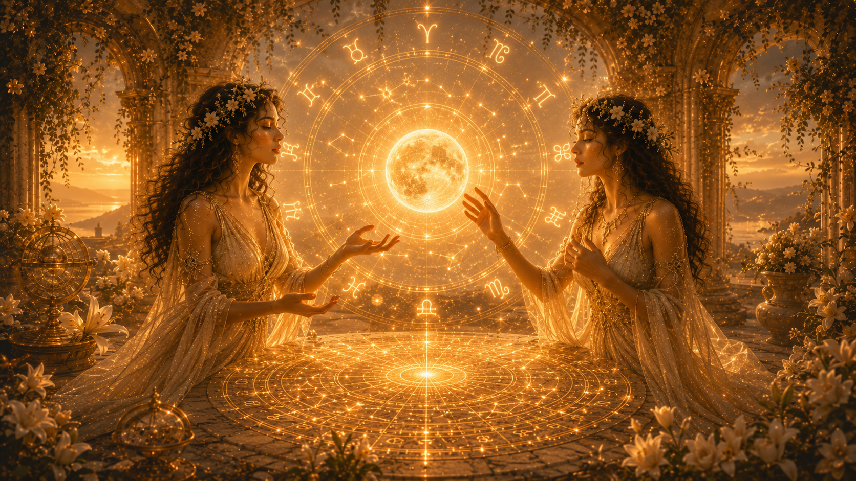 Cielo estrellado con constelaciones representadas y símbolos zodiacales