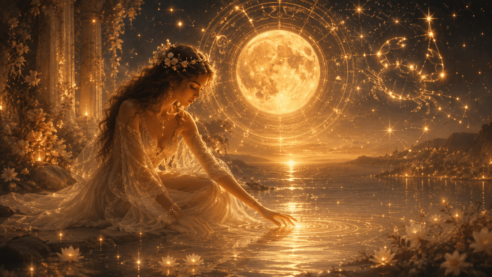Mujer bajo la Luna llena en Cáncer conectando con sus emociones, raíces y memoria interior