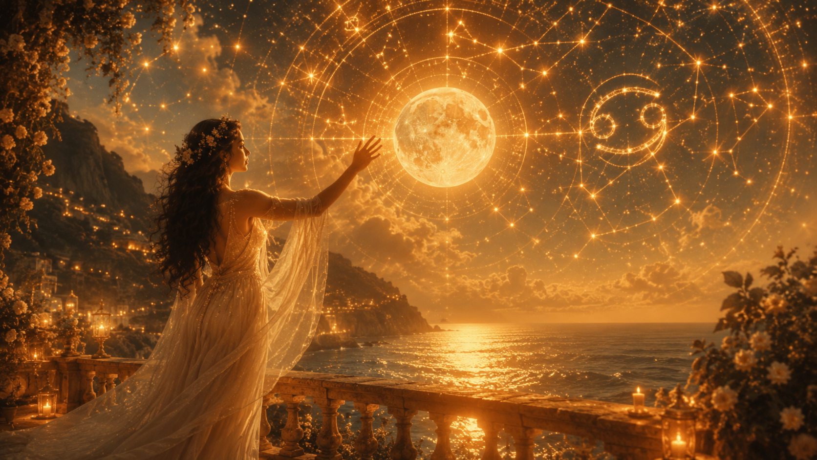 Luna llena en Cáncer sobre un paisaje nocturno de agua con estética astrológica celestial y energía emocional
