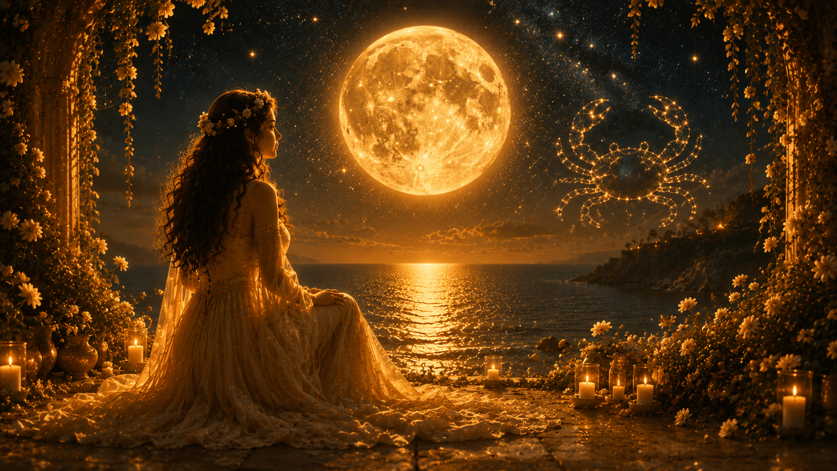 Simbolismo de la Luna llena en Cáncer con agua, hogar, raíces y constelaciones zodiacales