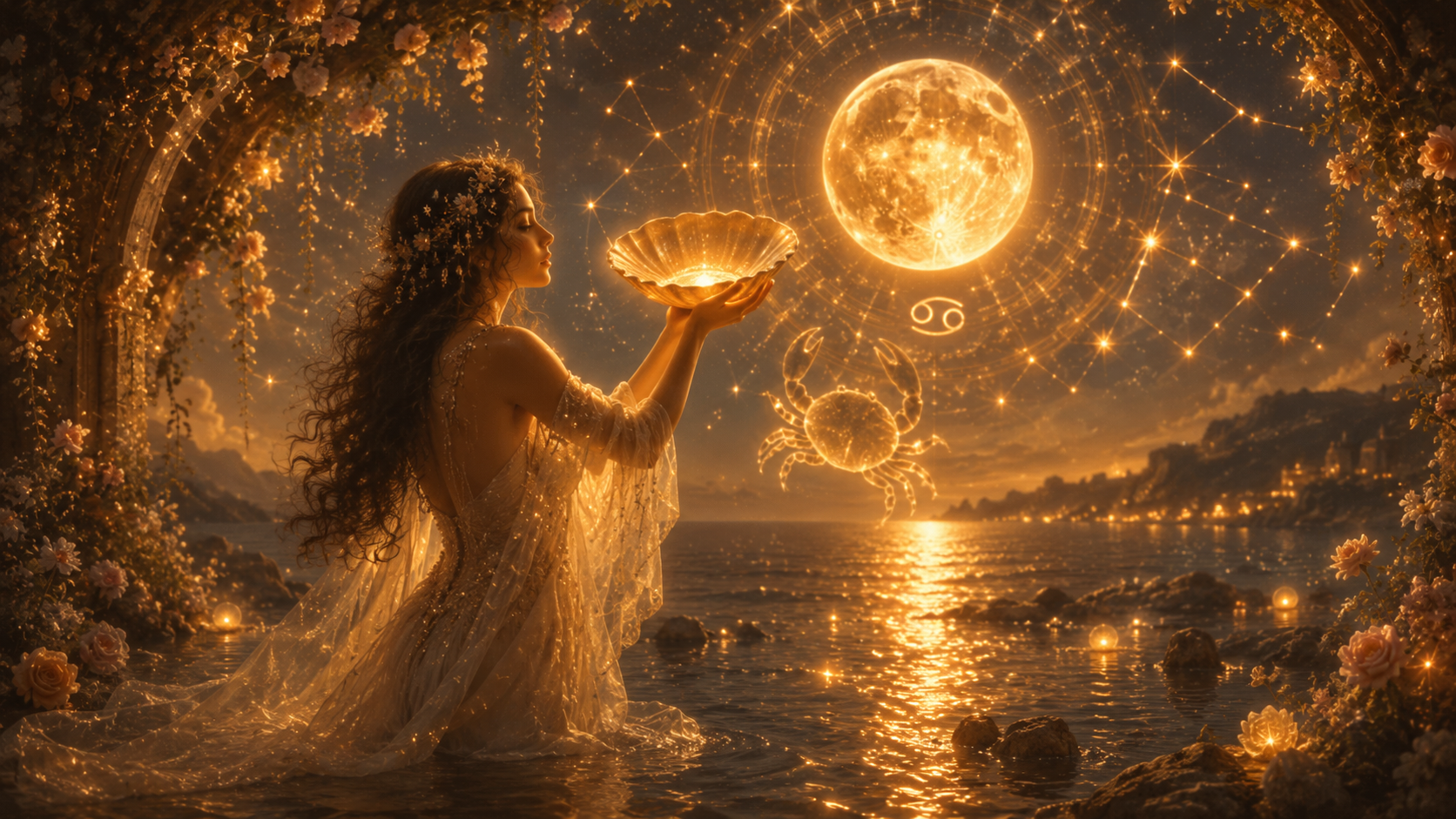 Ritual consciente para la Luna llena en Cáncer con vela, agua, journaling y símbolos lunares dorados