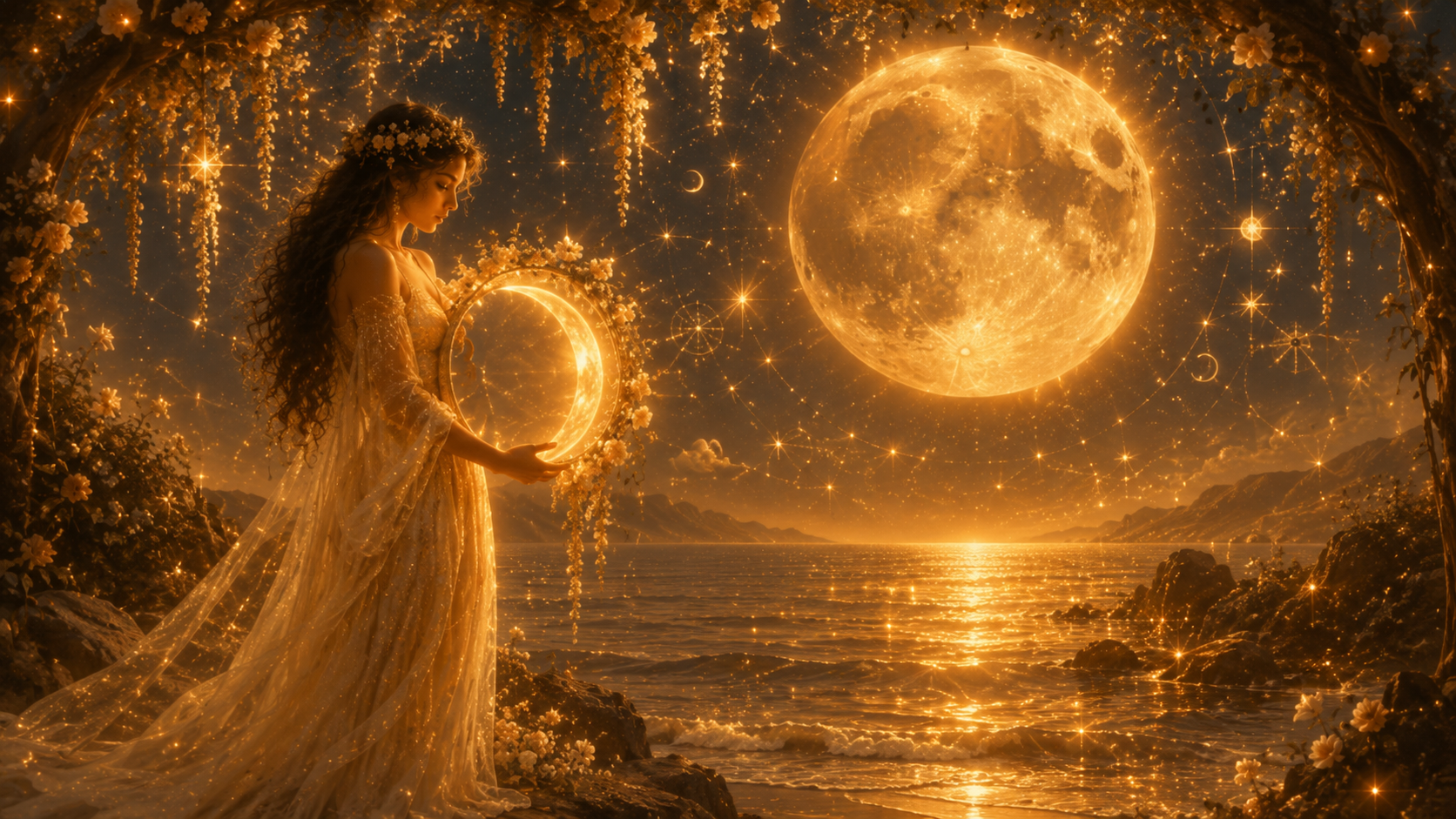 La Luna y sus fases sobre un paisaje celestial de estética astrológica elegante