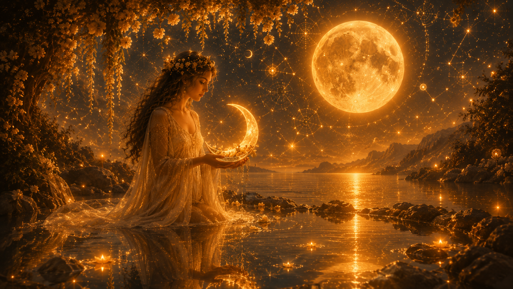 Luna dorada sobre una carta natal con estrellas, órbitas y elementos celestiales